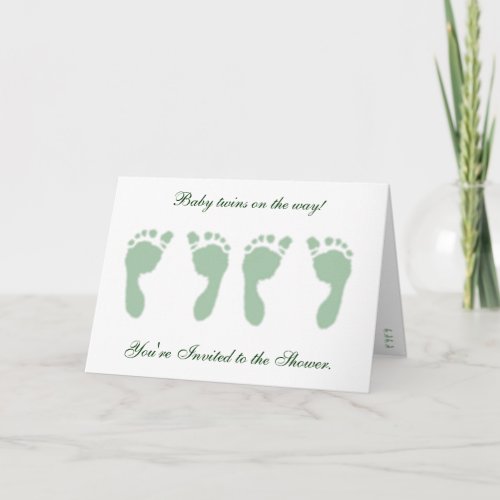 Baby Footprints Green Twins Invitation