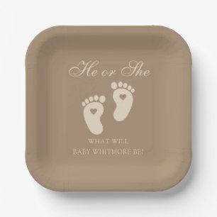 Baby Footprints He or She Brown Gender Reveal Paper Plates