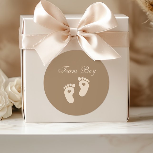 Baby Footprints Team Boy Brown Gender Reveal Classic Round Sticker (Creator Uploaded)
