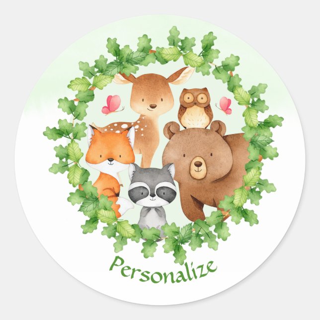 Baby Forest Animals Bear Raccoon Squirrel Birthday Classic Round Sticker (Front)
