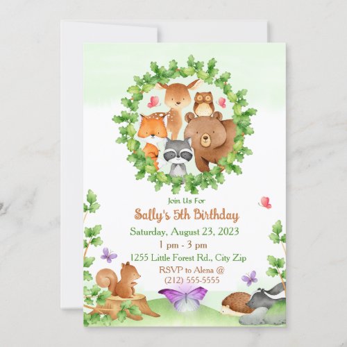 Baby Forest Animals Bear Raccoon Squirrel Birthday Invitation