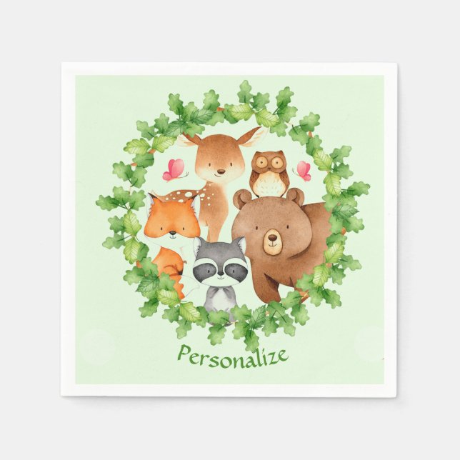 Baby Forest Animals Bear Raccoon Squirrel Birthday Napkins (Front)