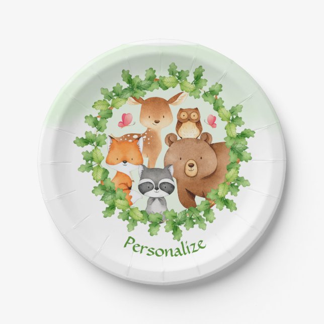 Baby Forest Animals Bear Raccoon Squirrel Birthday Paper Plates (Front)