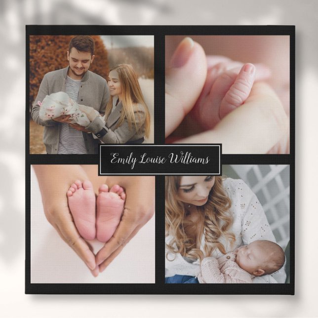 Baby Four Photos Collage Script Name Faux Canvas Print (Baby Four Photos Collage Script Name Faux Canvas Print)