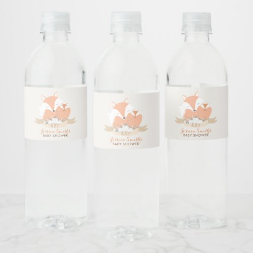 Baby Fox and Mom Baby Shower Custom Water Bottle Label