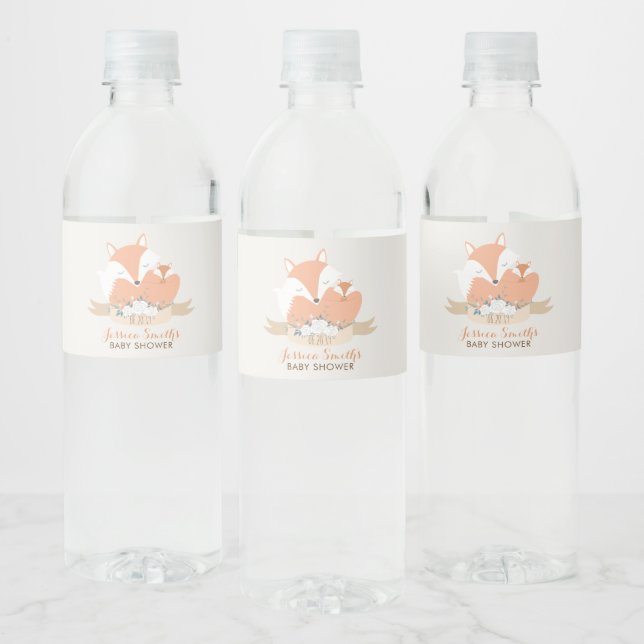 Baby Fox and Mom Baby Shower Custom Water Bottle Label (Bottles)