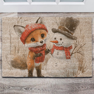 Baby Fox and Snowman Fiber Doormat
