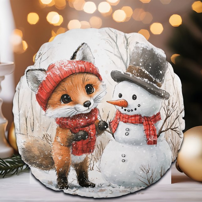 Baby Fox and Snowman Round Pillow (Creator Uploaded)
