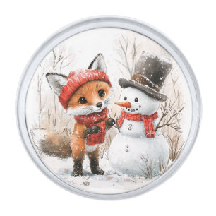 Baby Fox and Snowman Silver Finish Lapel Pin