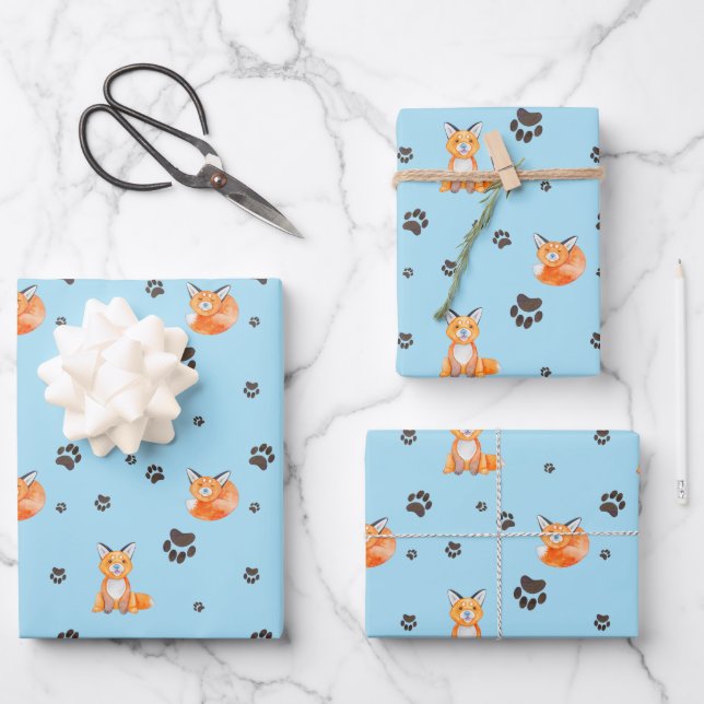 Baby Fox  Animal Sleeping Paw Prints Tracks Wrapping Paper Sheets (Front)