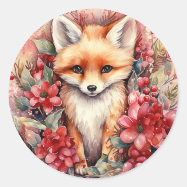 Baby Fox at Christmas Cute  Classic Round Sticker (Front)