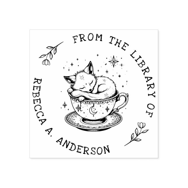 Baby Fox Cub Sleeping in a Magical Teacup Library Rubber Stamp (Imprint)