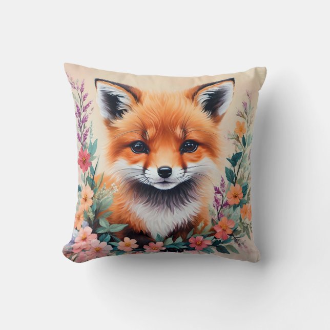 Baby Fox Floral Art Throw Pillow (Front)