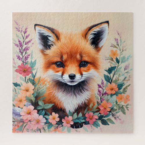 Baby Fox Floral Portrait Art Jigsaw Puzzle