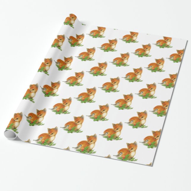 Baby Fox Holly Bird Christmas Wrapping Paper (Unrolled)