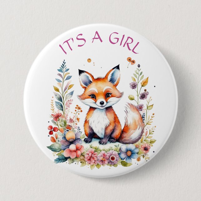 Baby Fox in Flowers | Baby Shower It's a Girl Button (Front)