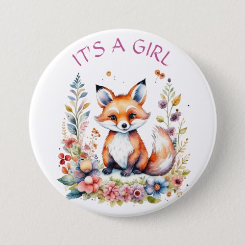Baby Fox in Flowers  Baby Shower Its a Girl Button