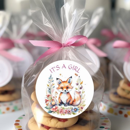 Baby Fox in Flowers  Baby Shower Its a Girl Classic Round Sticker