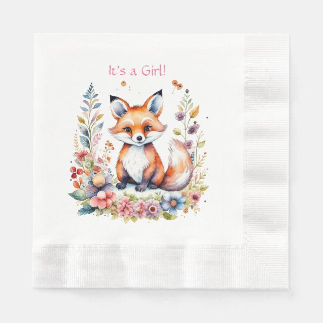 Baby Fox in Flowers | Baby Shower It's a Girl Napkins (Front)