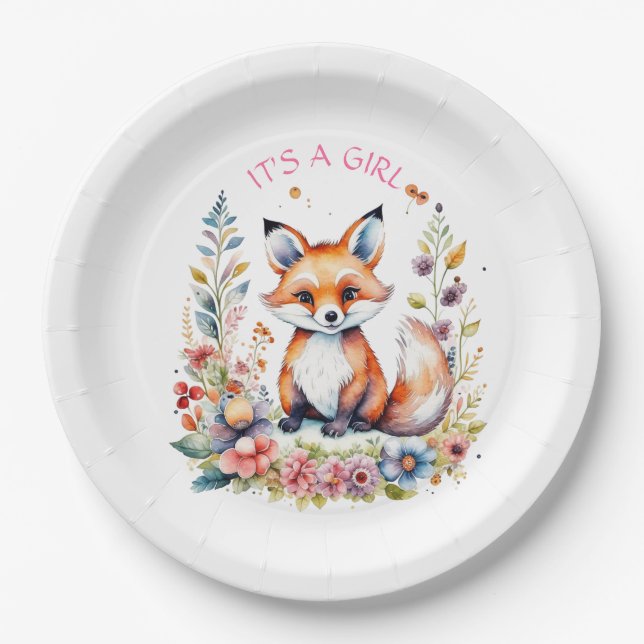 Baby Fox in Flowers | Baby Shower It's a Girl Paper Plates (Front)