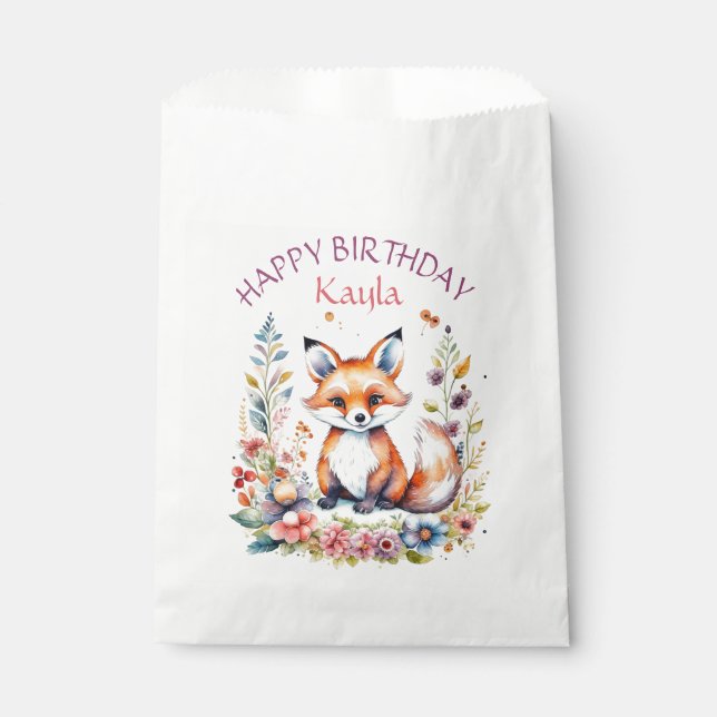 Baby Fox in Flowers Birthday Party Favor Bag (Front)