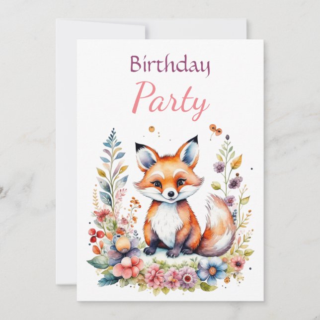 Baby Fox in Flowers Girl's Birthday Party Invitation (Front)