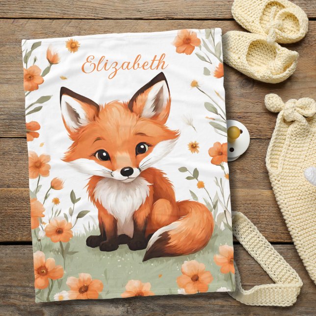 Baby Fox Peach Floral Flowers Baby Shower Gift Fleece Blanket (Baby fox peach flowers personalized monogrammed baby girl blanket. Baby Shower gift, new baby gift)