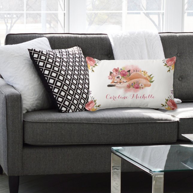 Baby Fox Pink Floral  Lumbar Pillow (Creator Uploaded)