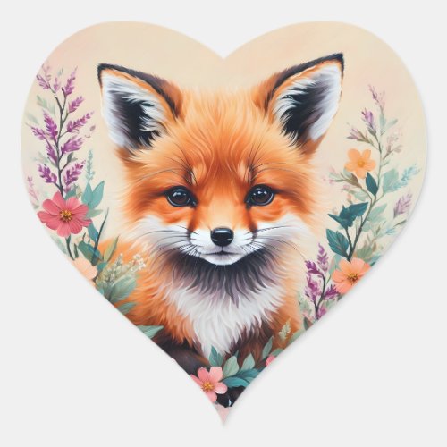 Baby Fox Portrait Floral Art Heart Sticker