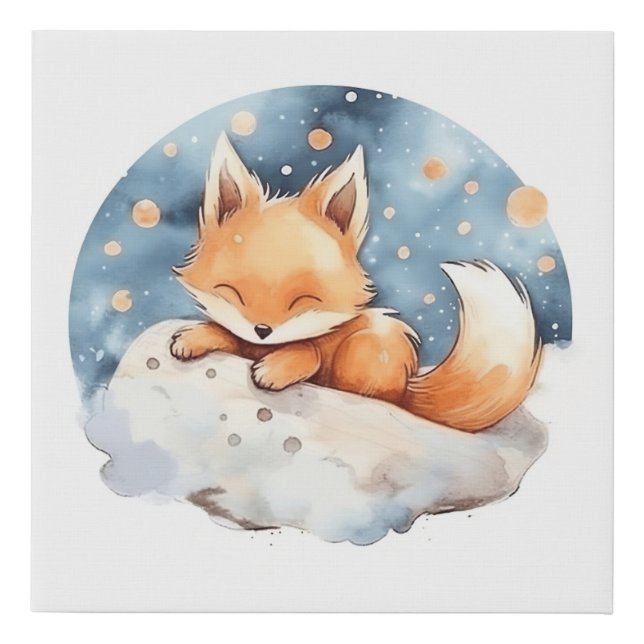 Baby Fox Sleeping Moon Starry Sky Watercolor  Faux Canvas Print (Front)