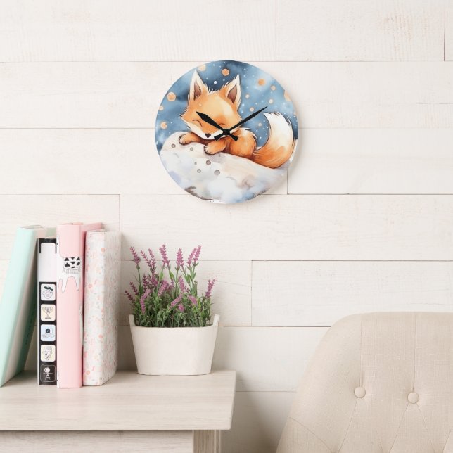 Baby Fox Sleeping On the Moon Watercolor Kids  Large Clock (Reading Room)
