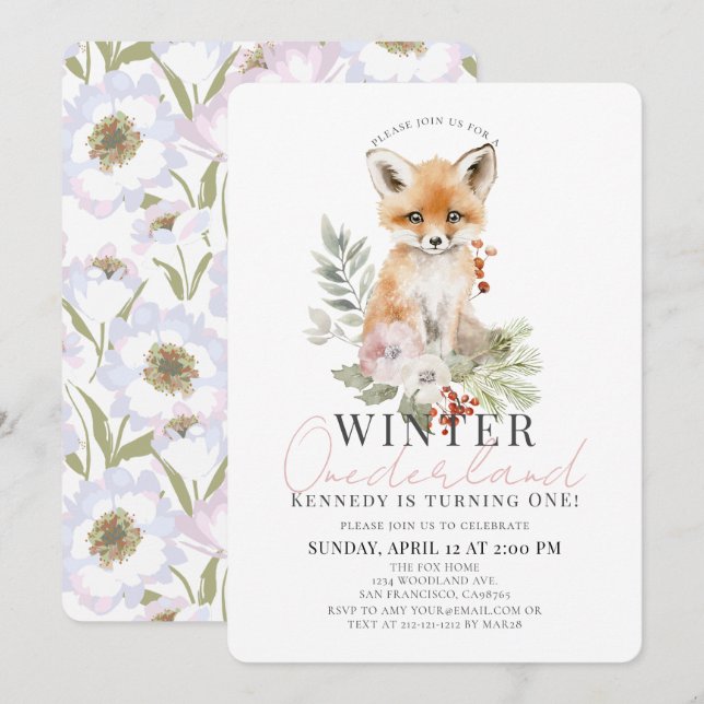 Baby Fox Winter Onederland Girl 1st Birthday Invitation (Front/Back)