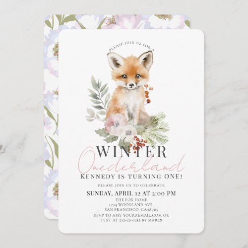 Baby Fox Winter Onederland Girl 1st Birthday Invitation