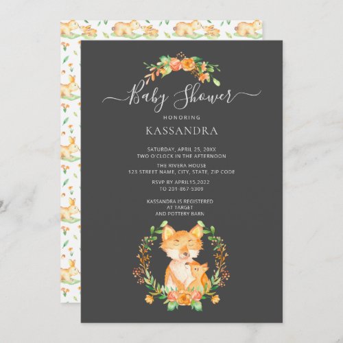 Baby Fox With Mother Floral Wreath Baby Shower   I Invitation