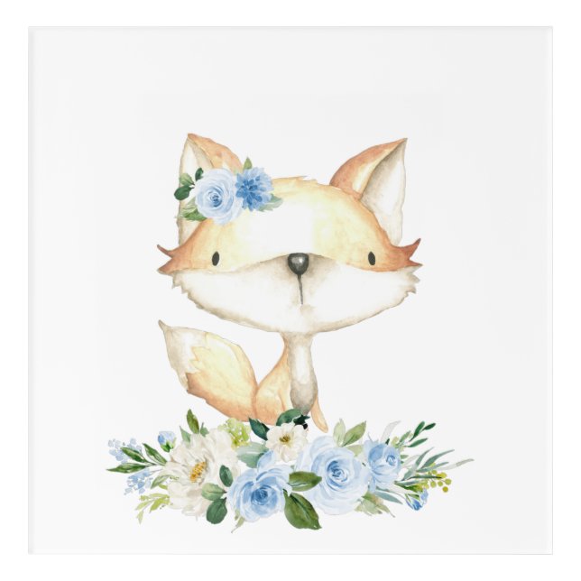 Baby Fox, Woodland Animals, Boho, Blue Flowers Acrylic Print (Front)
