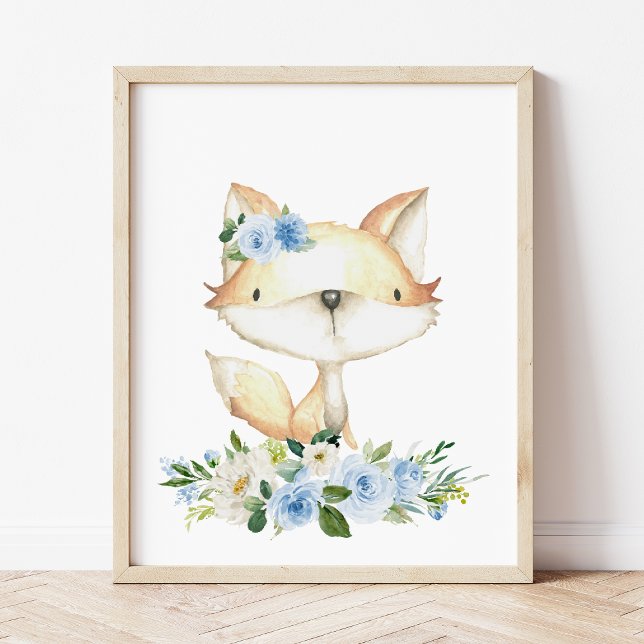 Baby Fox, Woodland Animals, Boho, Blue Flowers Photo Print (Creator Uploaded)