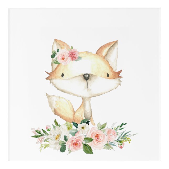 Baby Fox, Woodland Animals, Boho, Pink Flowers Acrylic Print (Front)