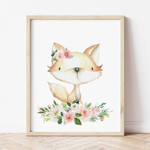 Baby Fox Woodland Animals Boho Pink Flowers Poster