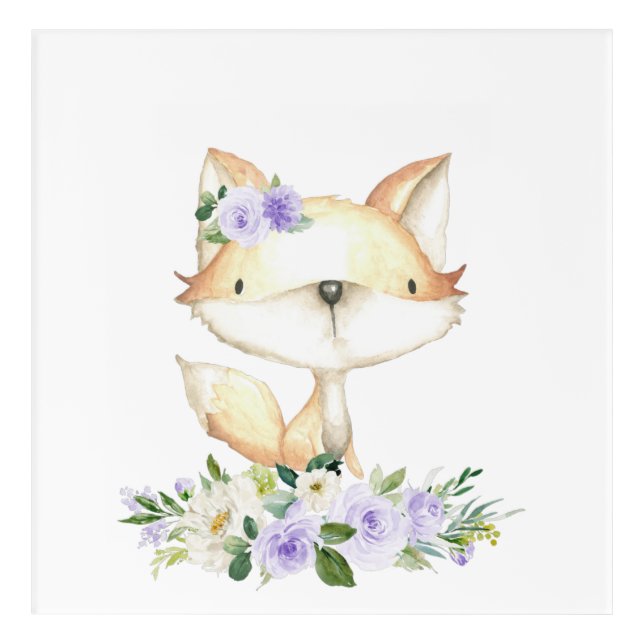 Baby Fox, Woodland Animals, Boho, Purple Flowers Acrylic Print (Front)