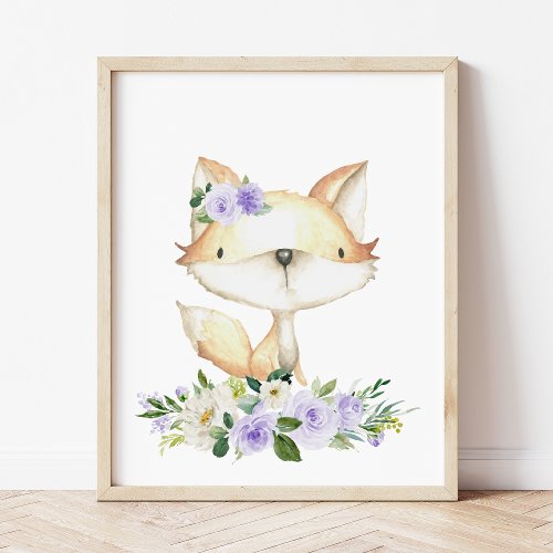 Baby Fox Woodland Animals Boho Purple Flowers Photo Print