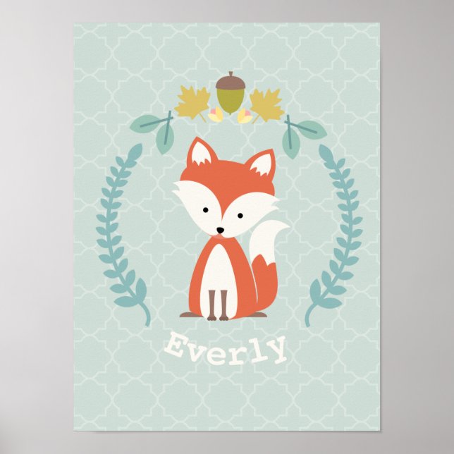 Baby Fox Wreath Personalized Nursery Artwork Poster (Front)