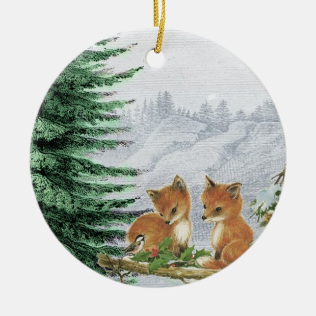 Baby Foxes Christmas Tree Woods Ornament (Front)