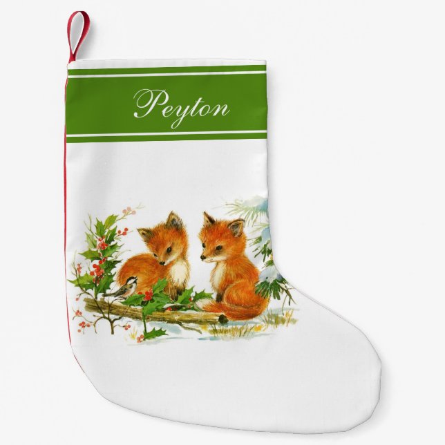 Baby Foxes Holly Personalized Christmas Stocking (Front)