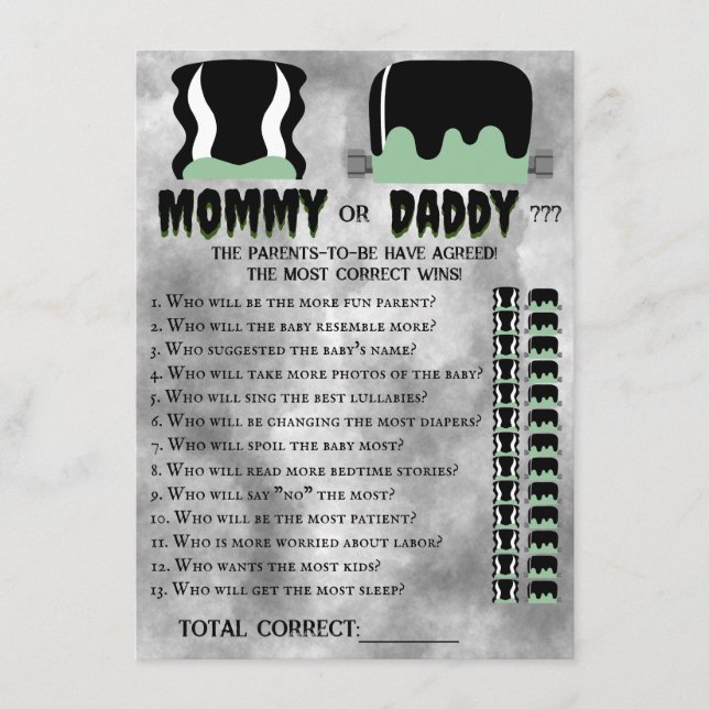 Baby Frankenstein Baby Shower Game Note Card (Front)