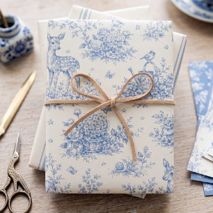 Baby Garden Toile Blue Floral Bunny Wrapping Paper Sheets