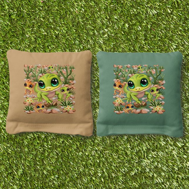 Baby Geckos Cute Cartoon Characters Cornhole Bags (Grass)