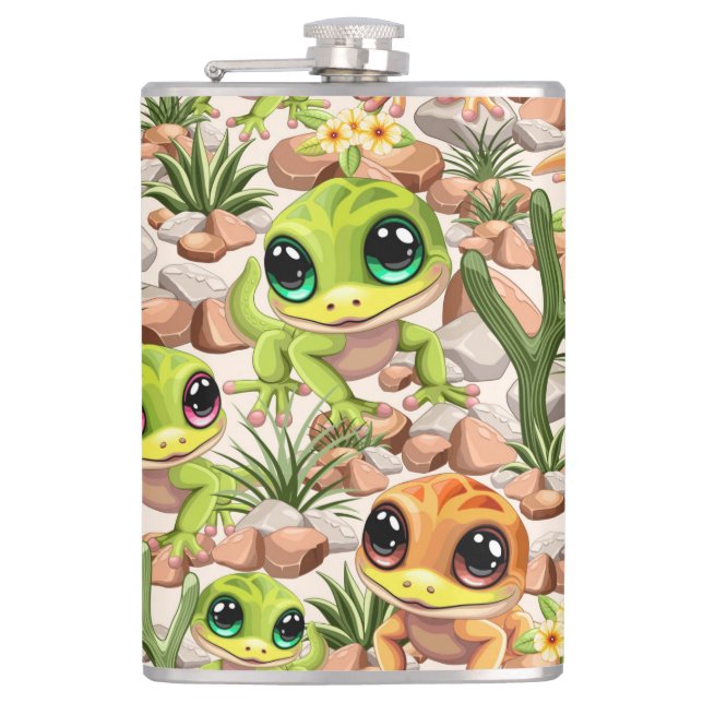 Baby Geckos Cute Cartoon Characters Flask (Front)