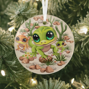 Baby Geckos Cute Cartoon Characters Glass Ornament