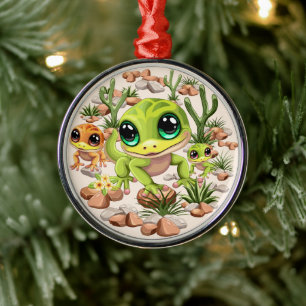 Baby Geckos Cute Cartoon Characters Metal Ornament