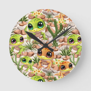 Baby Geckos Cute Cartoon Characters Round Clock